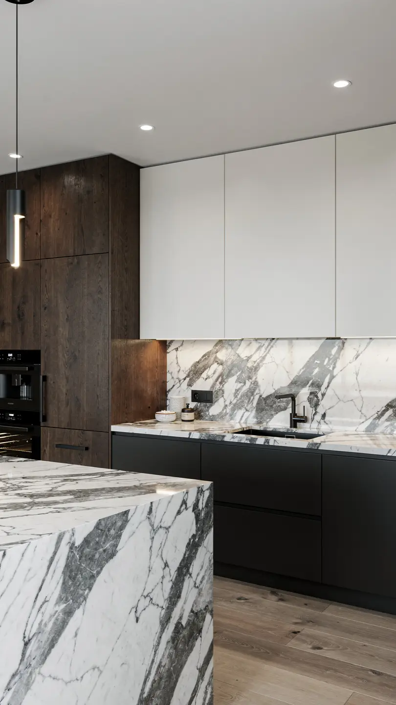 Calacatta Marble Countertops with Two-Tone Cabinet Designs