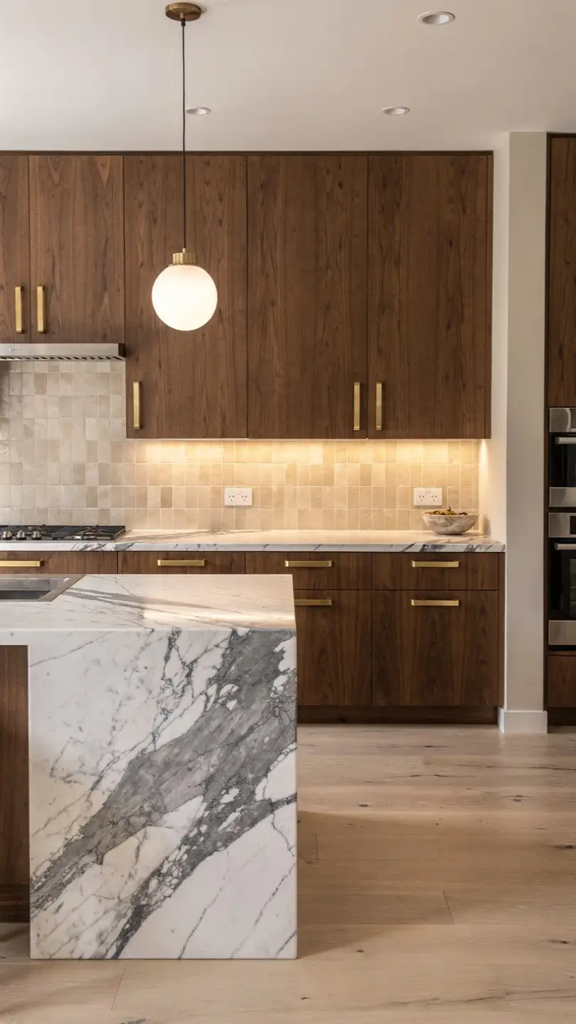 Calacatta Marble Countertops with Warm Wood Cabinetry