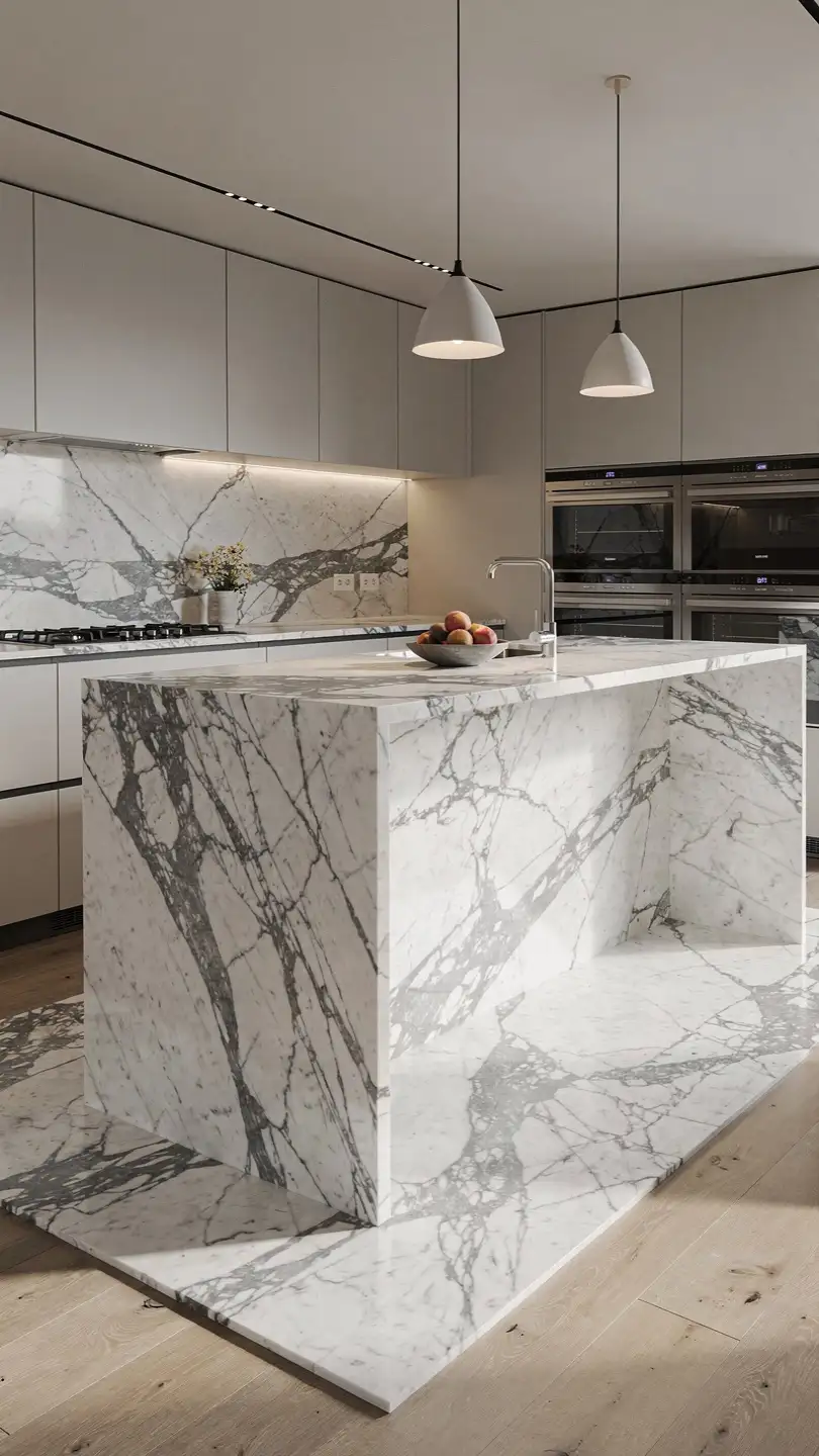 Calacatta Marble Countertops with Waterfall Island Designs