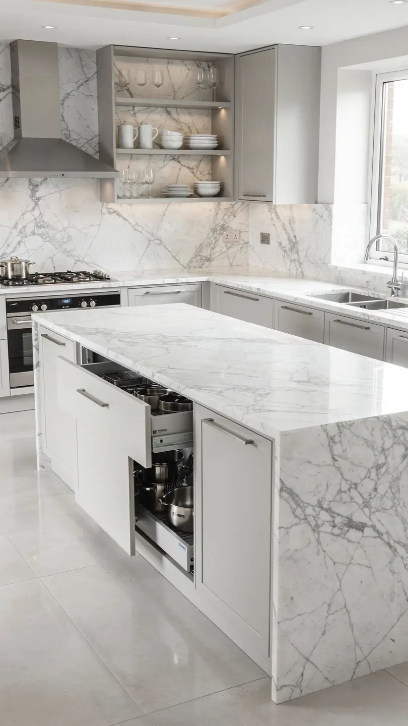 Calacatta Marble Kitchen Island with Built-In Storage Solutions