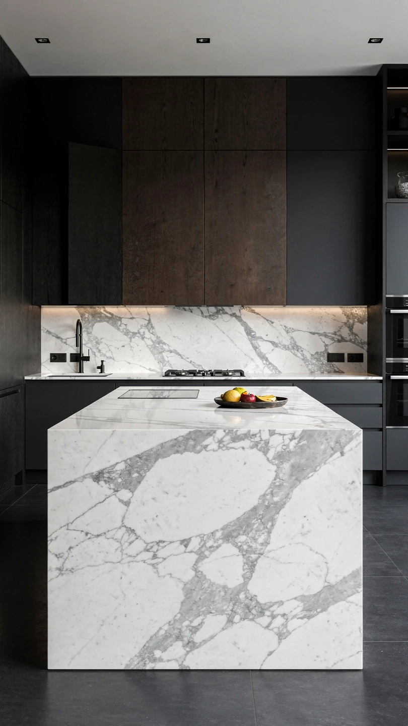Calacatta Marble Kitchen Island with Dark Cabinet Contrast