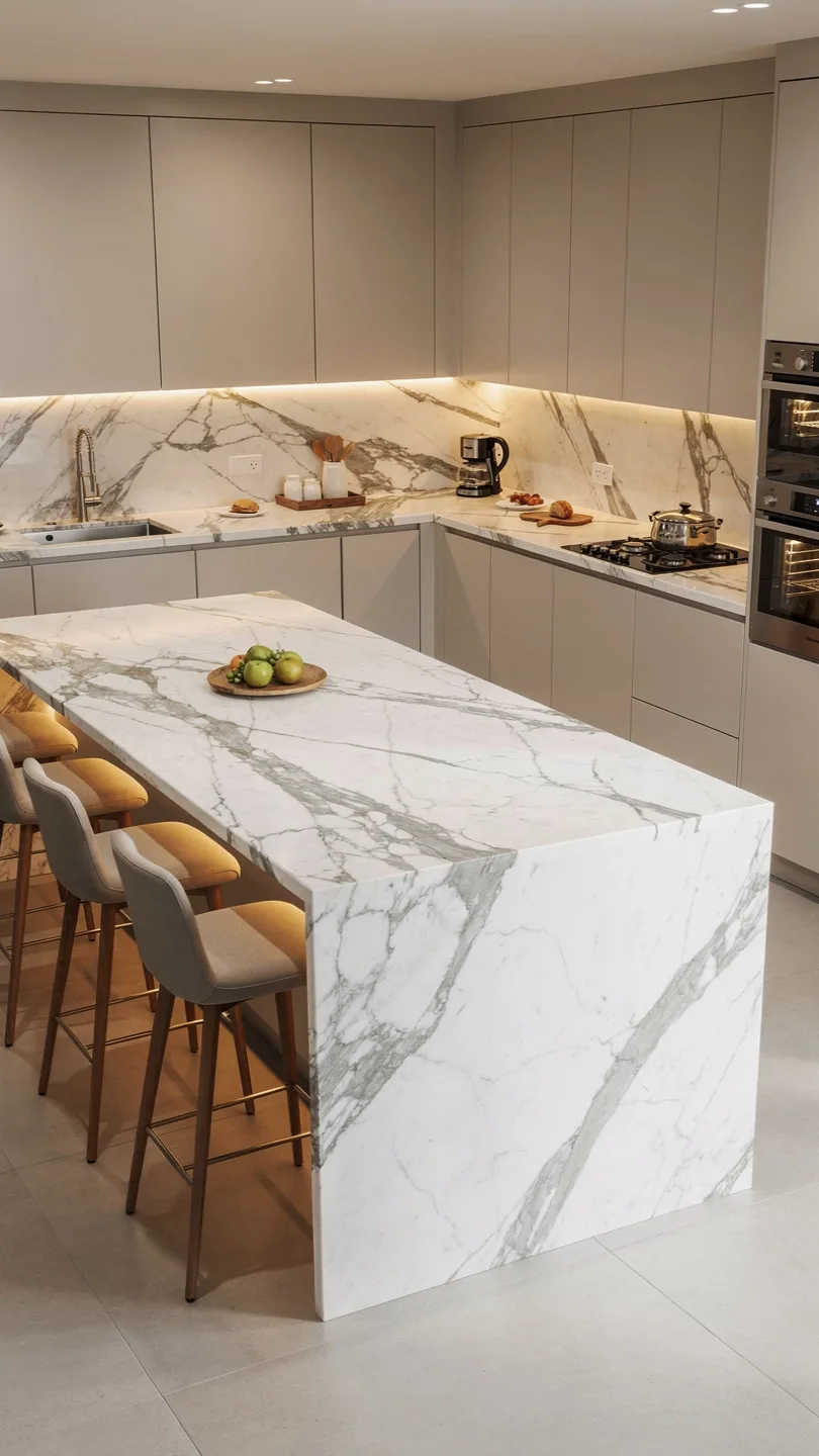 Calacatta Marble Kitchen Island with Integrated Seating Area