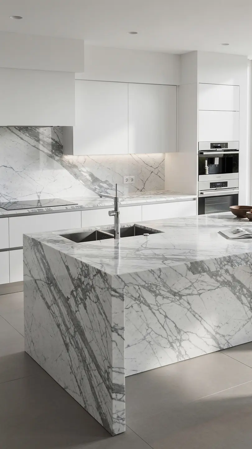 Calacatta Marble Kitchen Island with Integrated Sink Feature
