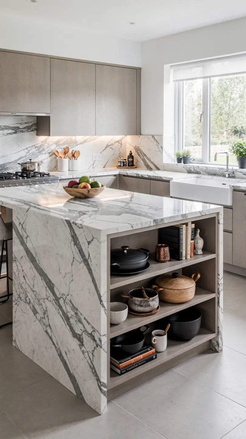 Calacatta Marble Kitchen Island with Open Shelving Integration