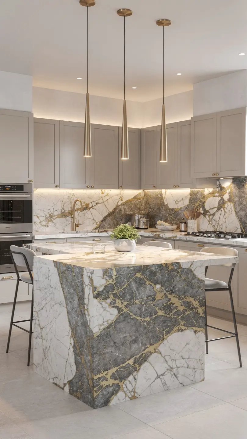 Calacatta Marble Kitchen Island with Pendant Lighting Focus