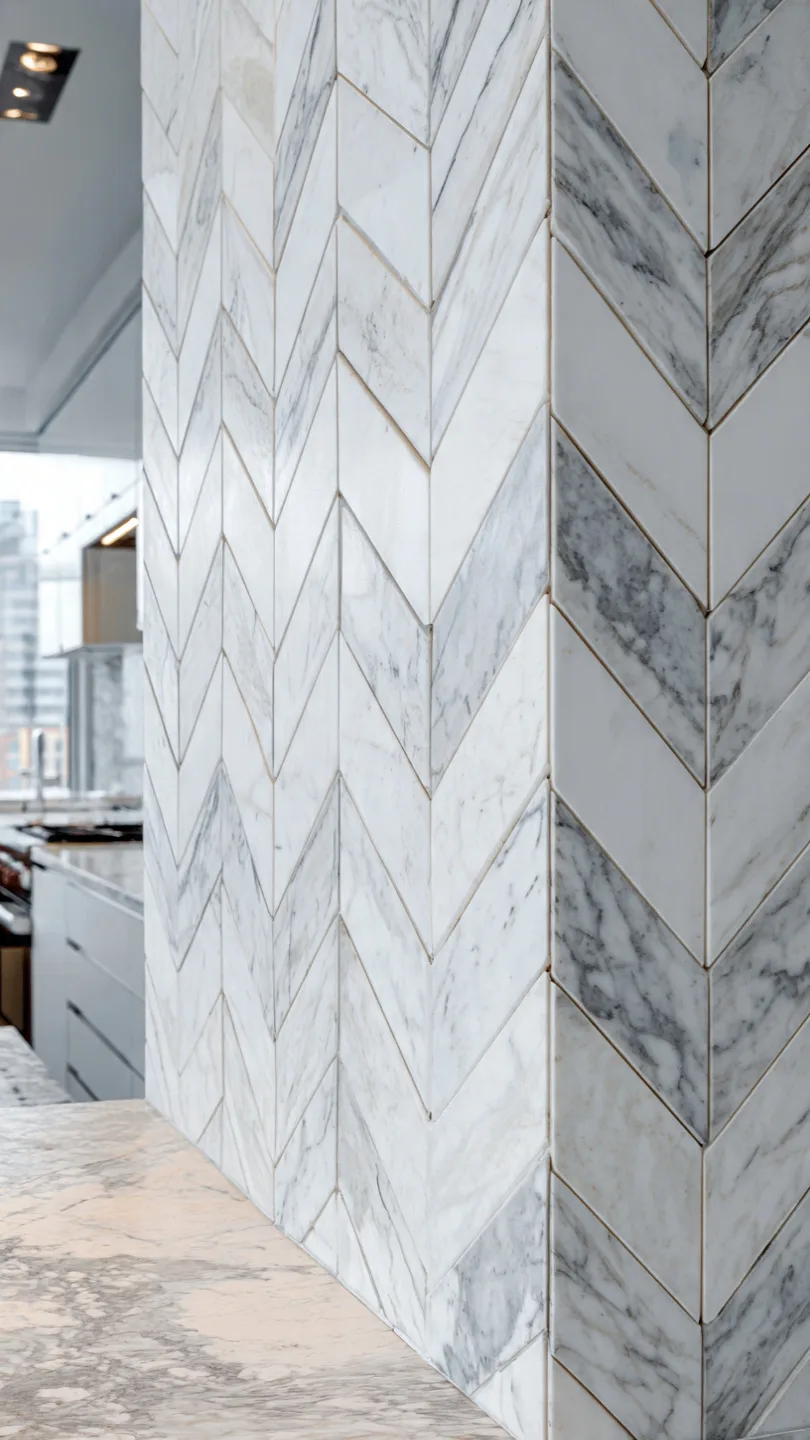 Chevron Pattern Calacatta Marble Backsplash Design Idea