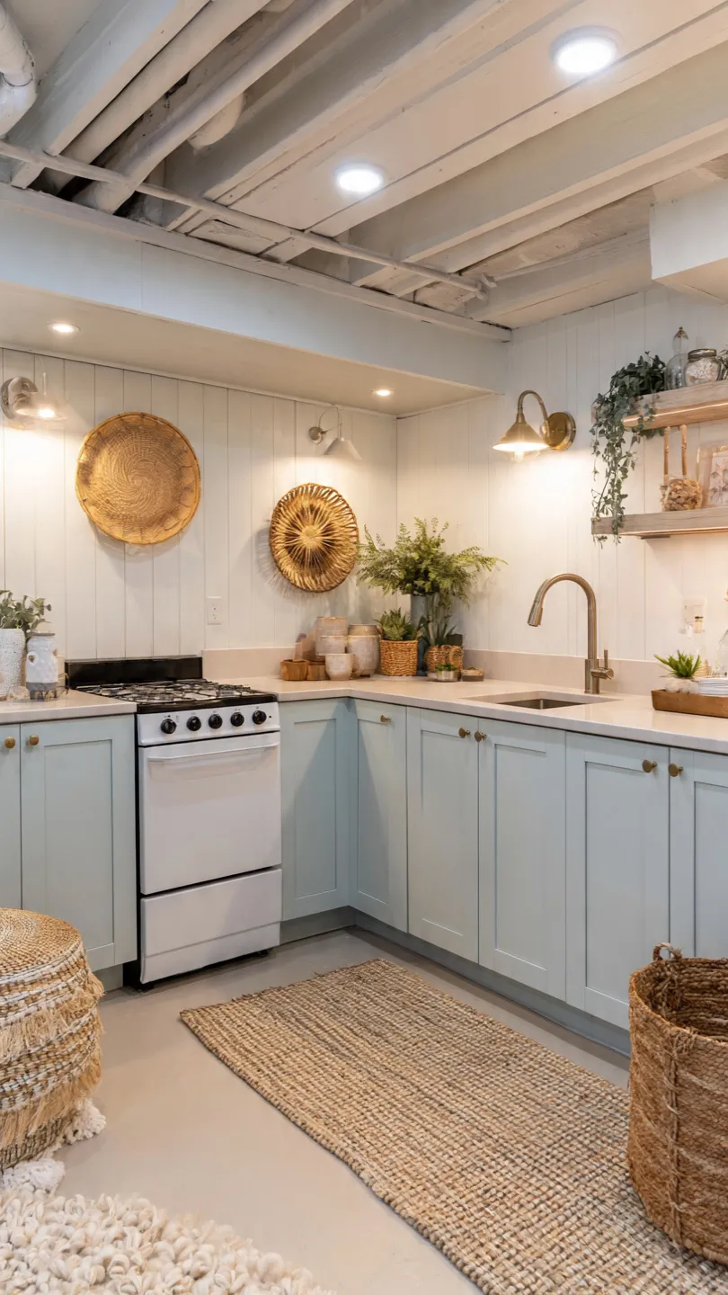 Coastal Inspired Basement Kitchenette with Stove and Soft Blue Cabinets