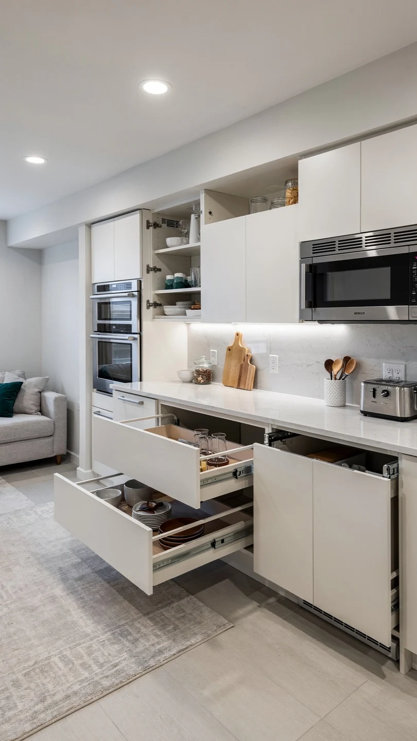 Compact Basement Kitchenette With Hidden Storage