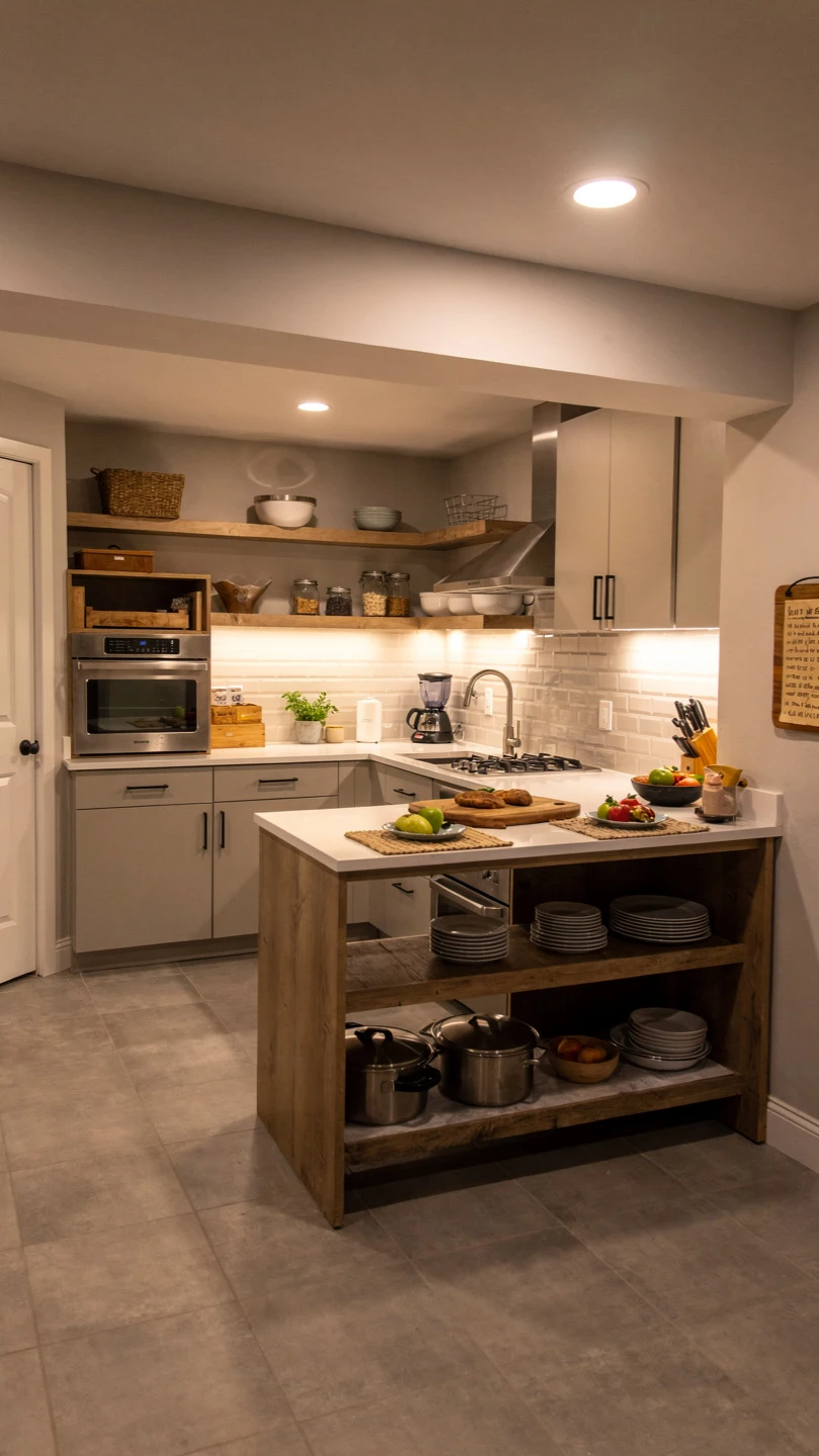 Compact Basement Kitchenette with Island for Small Spaces