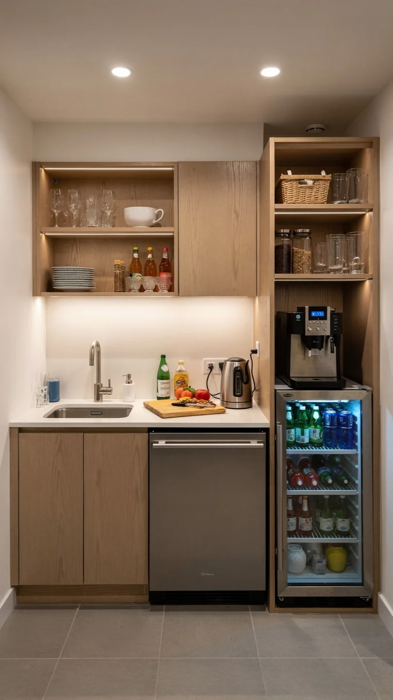 Compact Beverage Prep Basement Kitchenette Bar with Efficient Workflow