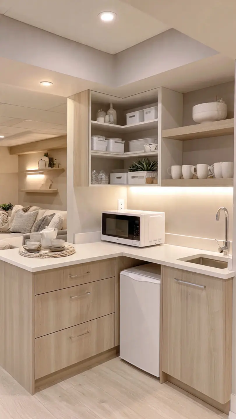 Compact Corner Basement Kitchenette No Sink Arrangement