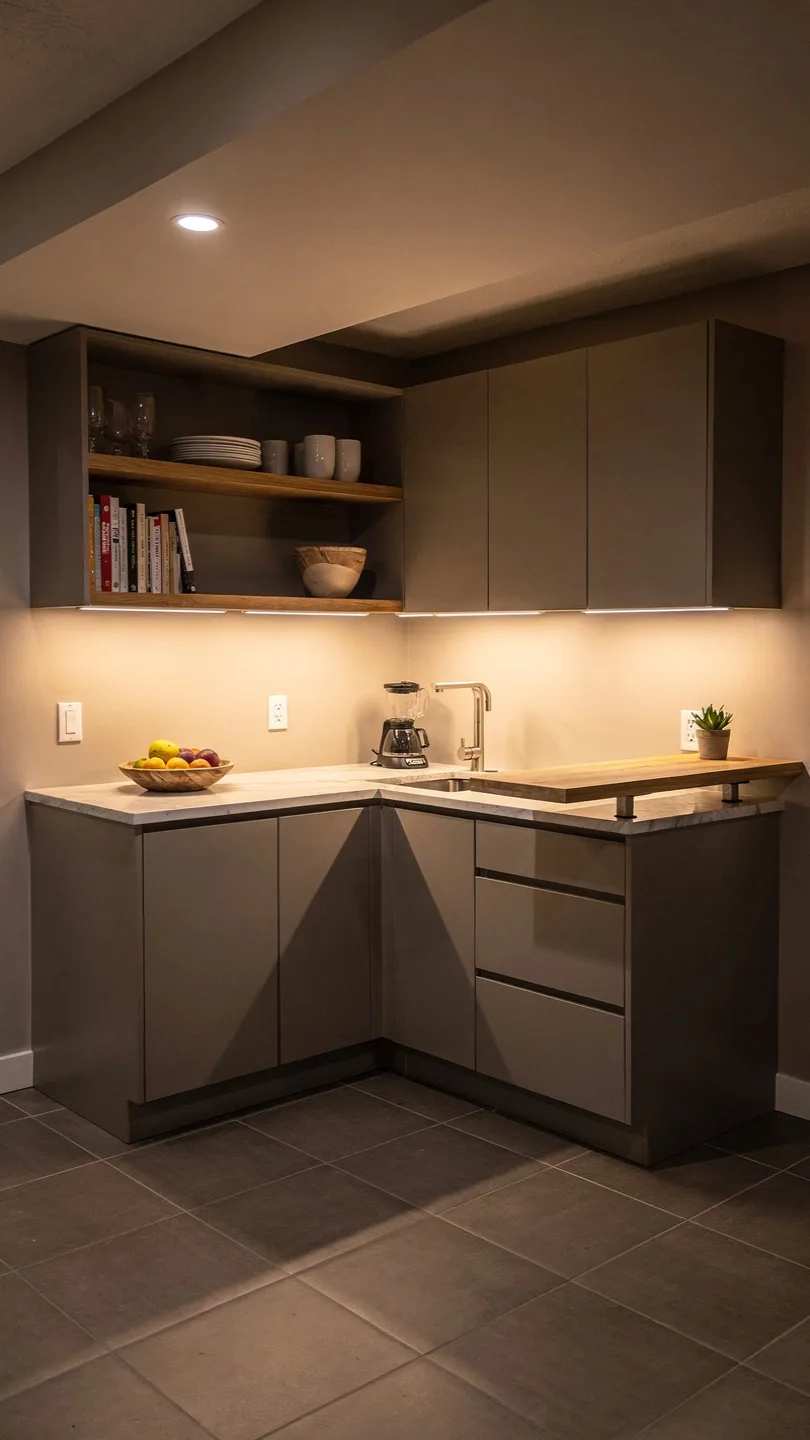 Compact L-Shaped Basement Kitchenette Bar Design for Efficient Corners