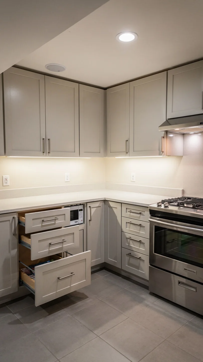 Compact U-Shaped Basement Kitchenette Bar Layout for Maximum Efficiency