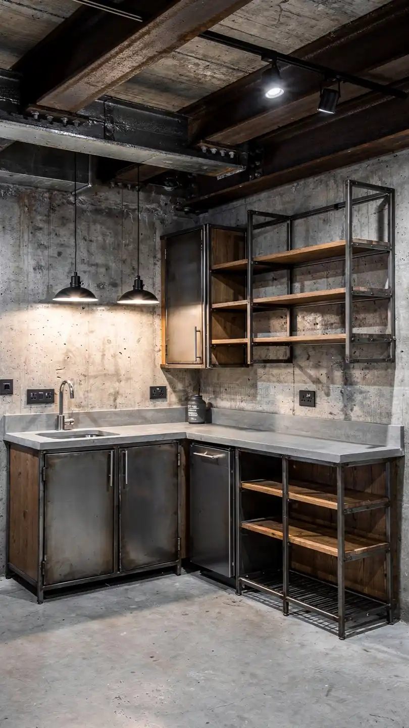 Modern Industrial Basement Kitchenette Bar with Metal Finishes