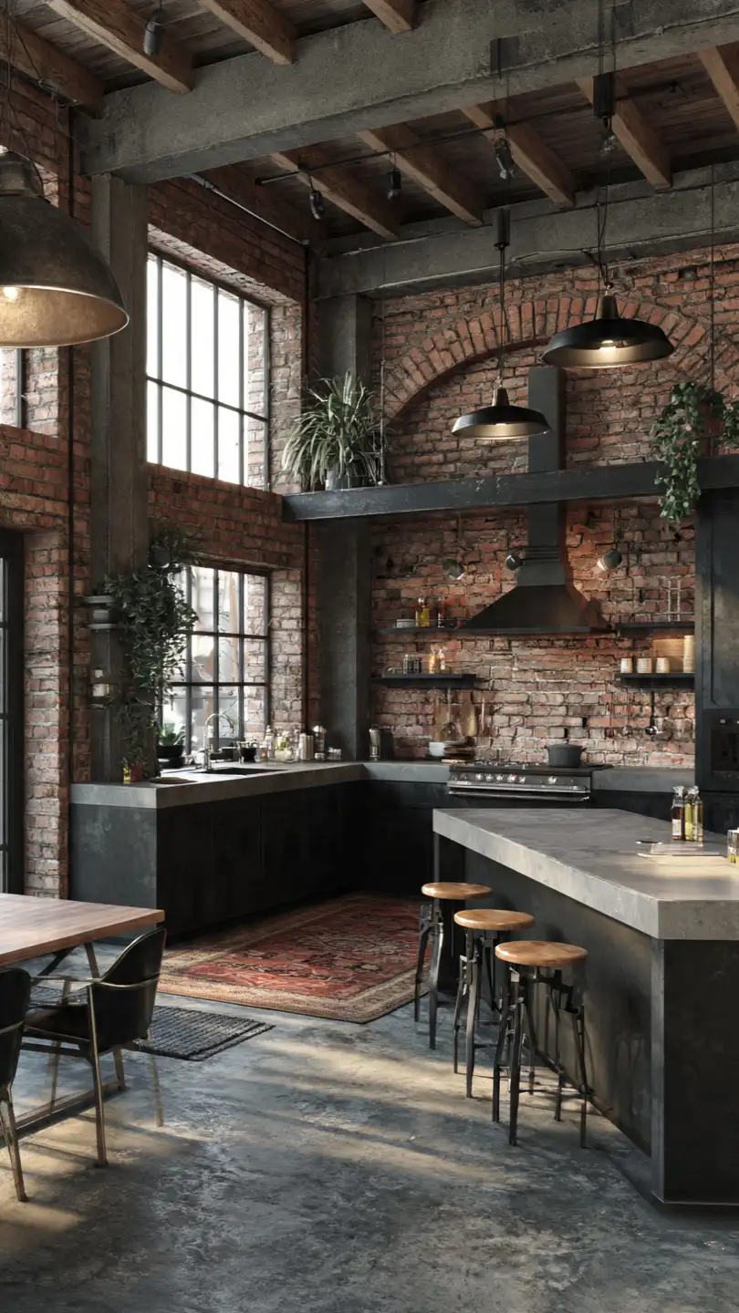 Concrete Countertop with Industrial Brick Backsplash Style