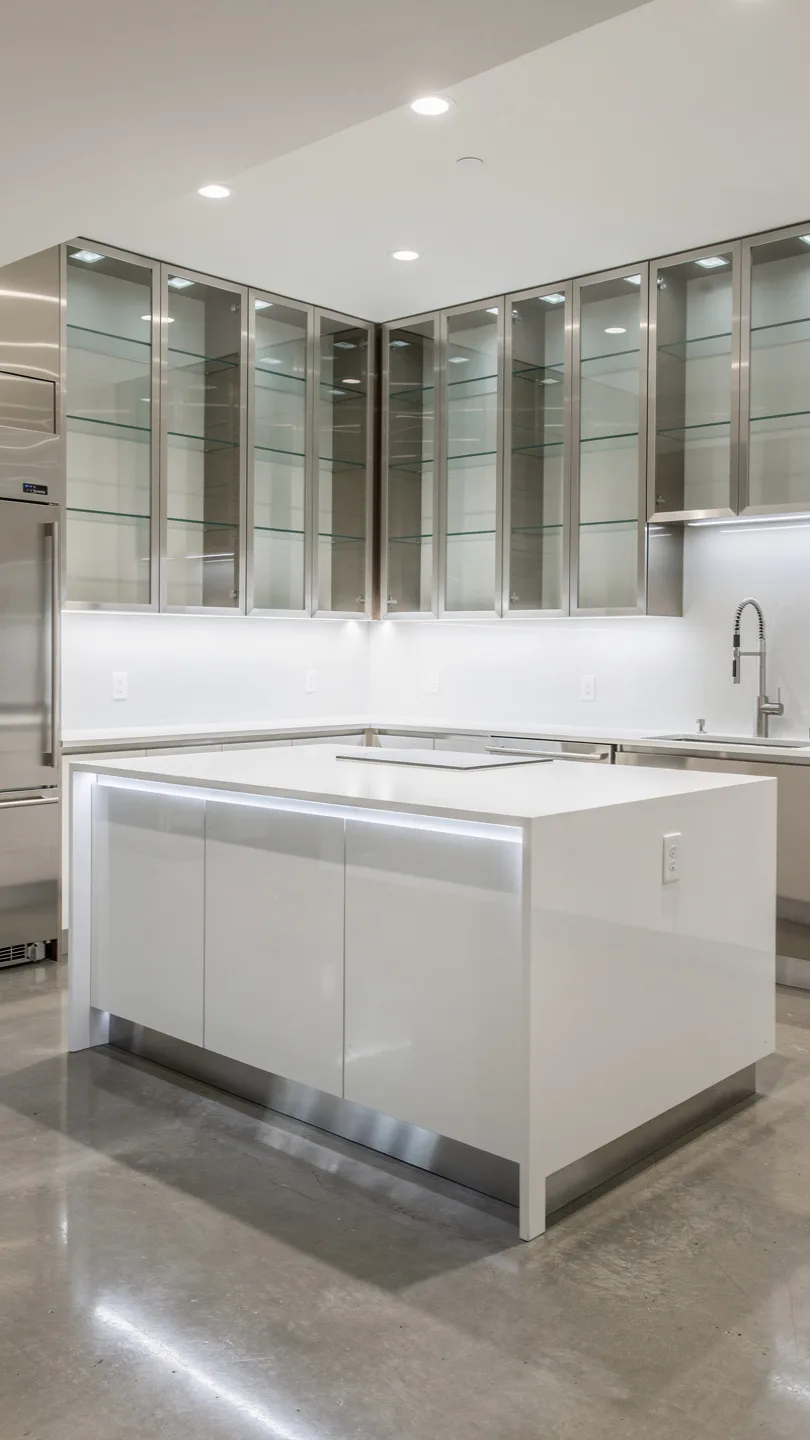 Contemporary Basement Kitchenette with Island and Glass Elements