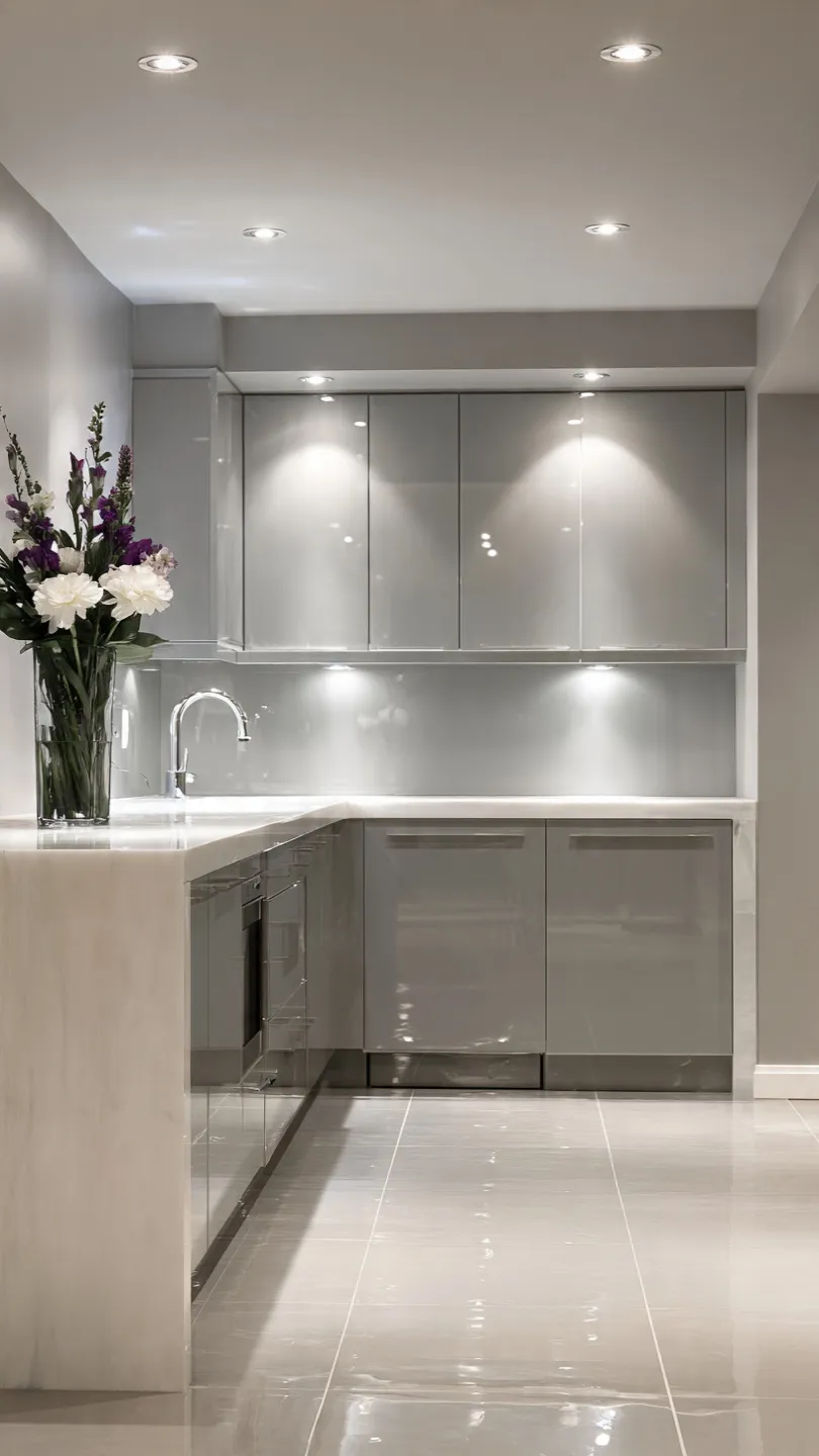 Contemporary Basement Kitchenette with Stove and Waterfall Countertops