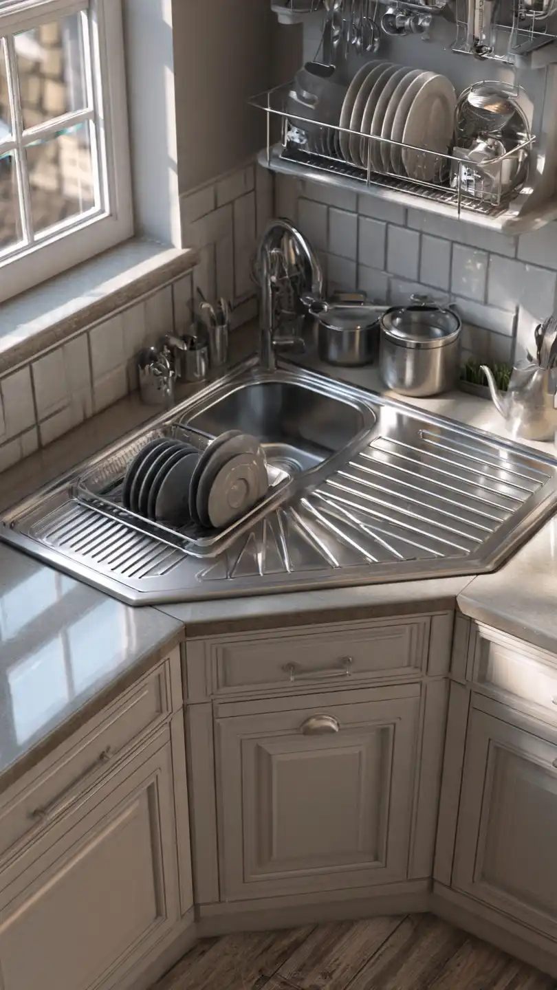 Corner Kitchen Sink with Built-In Drainboard Features