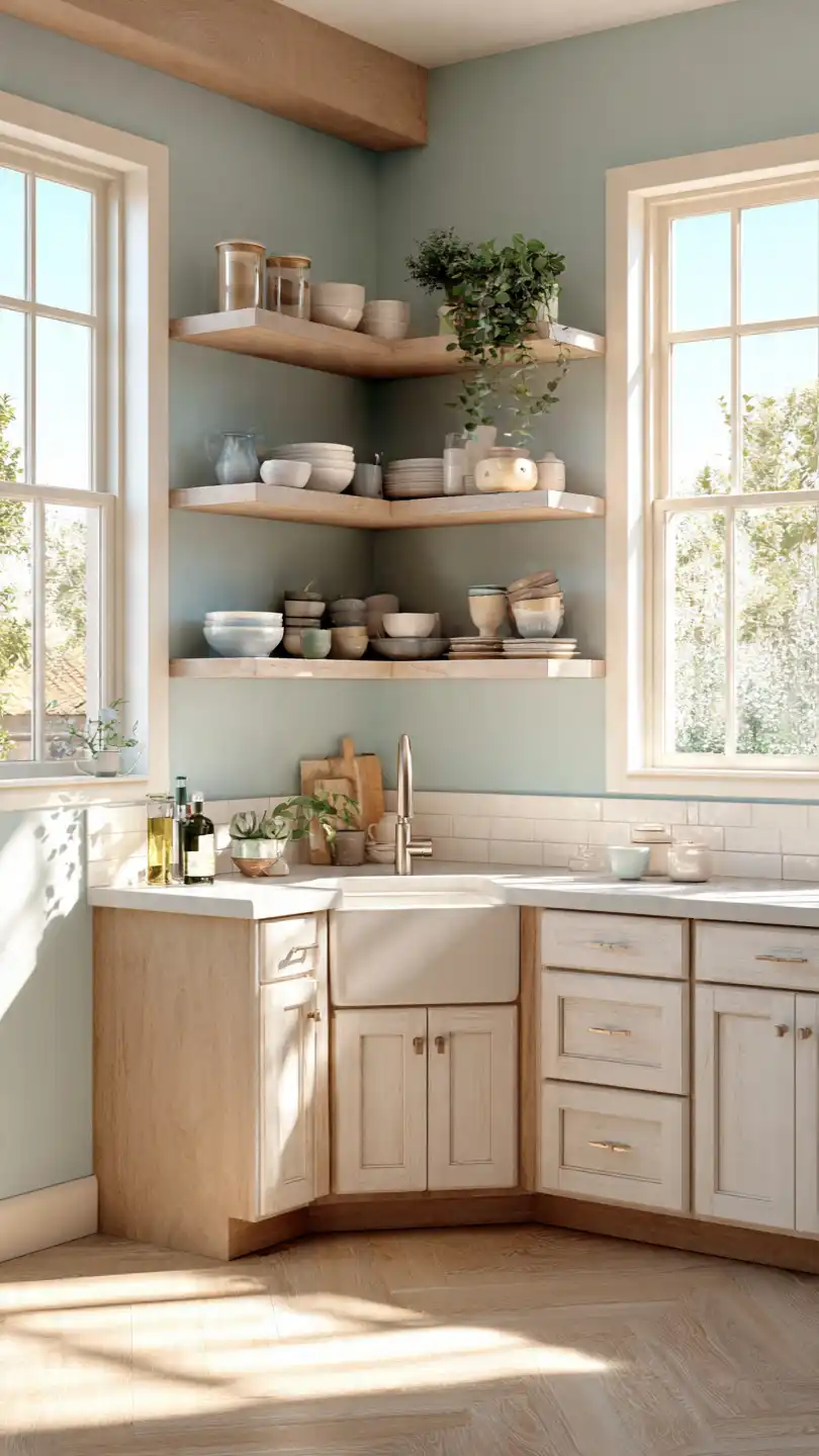 Corner Kitchen Sink with Floating Shelves for Extra Storage
