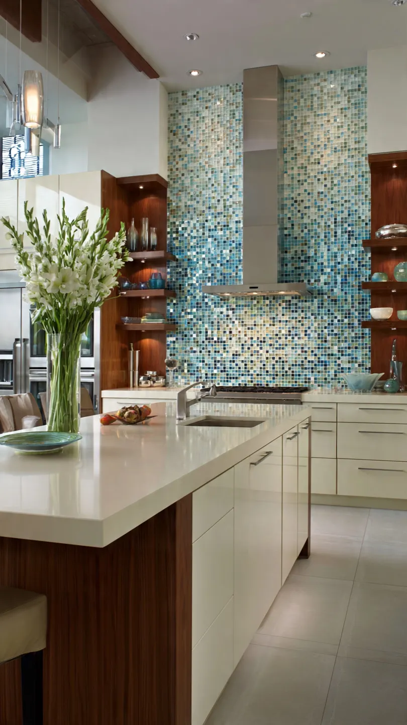 Cream Countertop with Mosaic Glass Backsplash Patterns