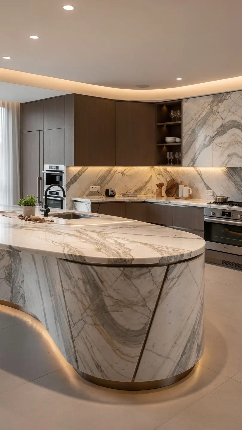 Curved Calacatta Marble Kitchen Island Design Concept