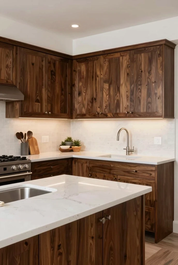 Dark Wood Cabinets with Light Quartz Countertops