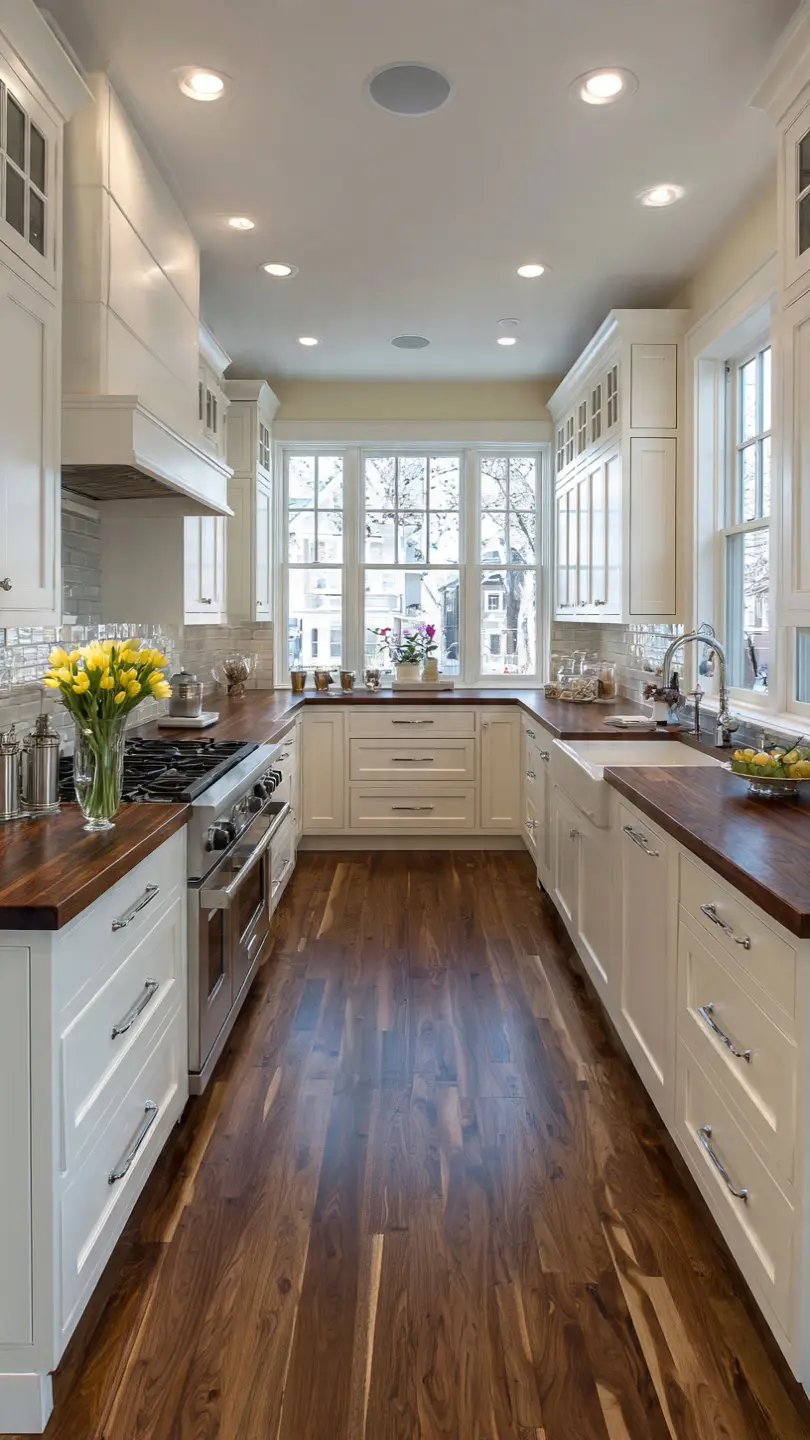 Dark Wood Countertop with Light Subway Tile Backsplash