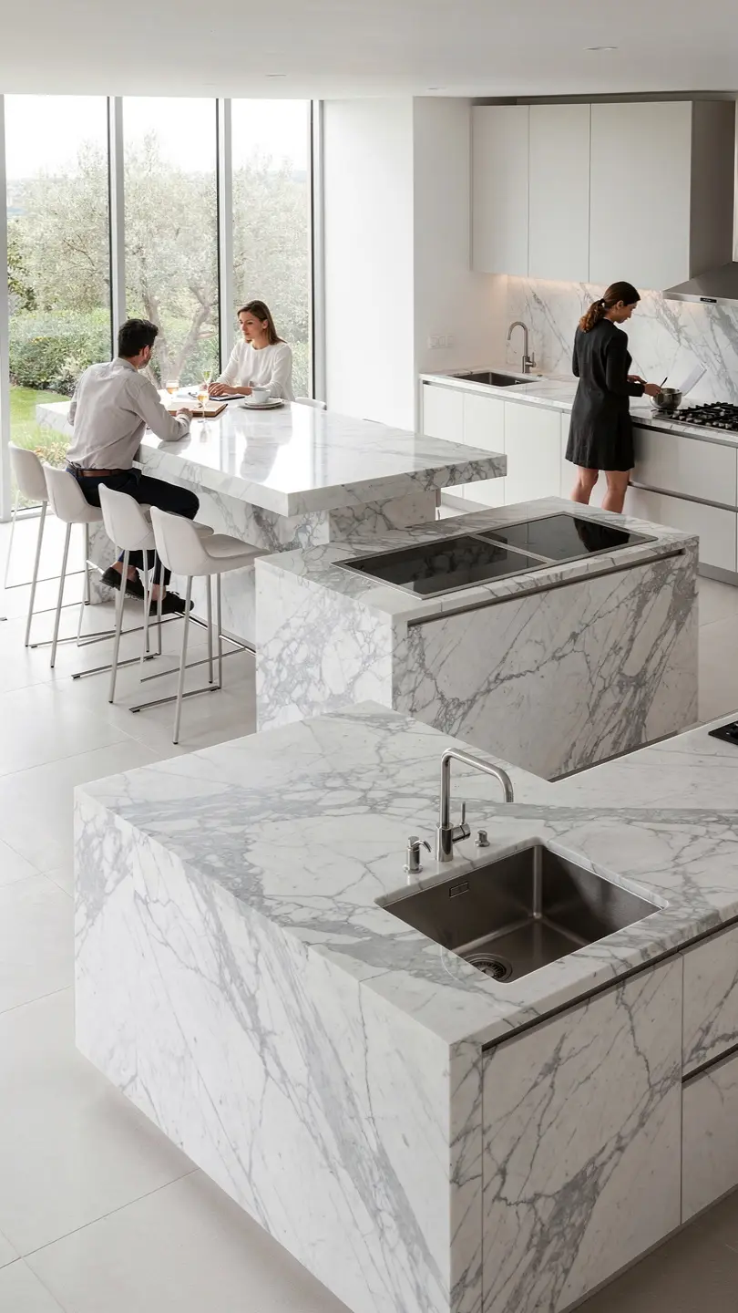 Double-Level Calacatta Marble Kitchen Island Layout