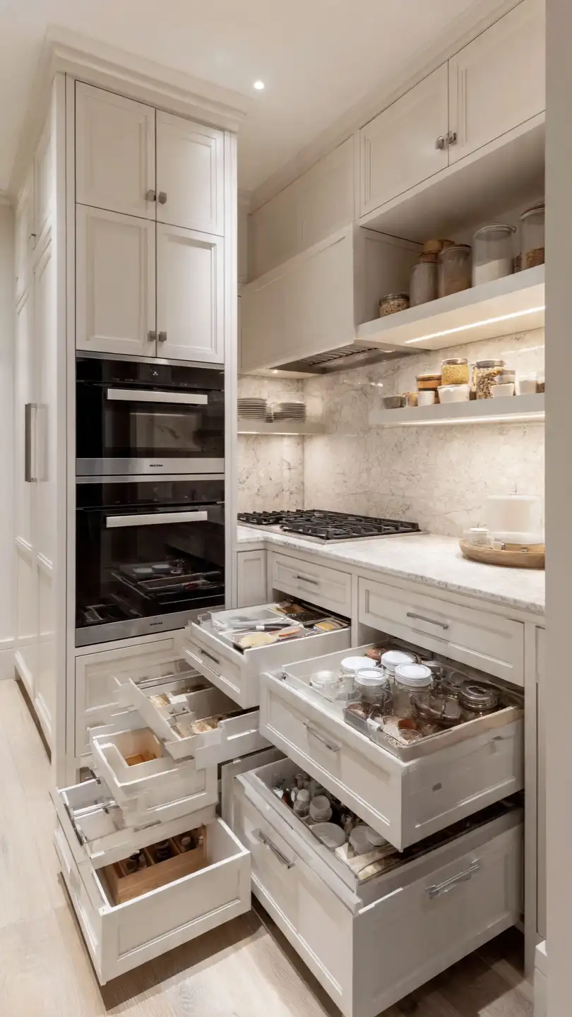 Elegant Basement Kitchenette with Stove and Hidden Storage Solutions