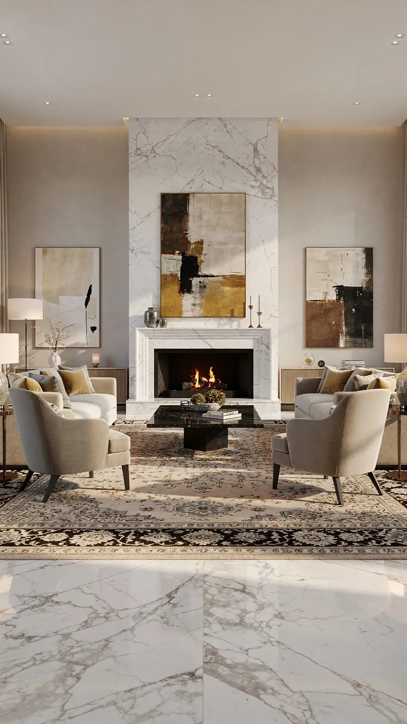 Fireplace Focused Marble Flooring Feature