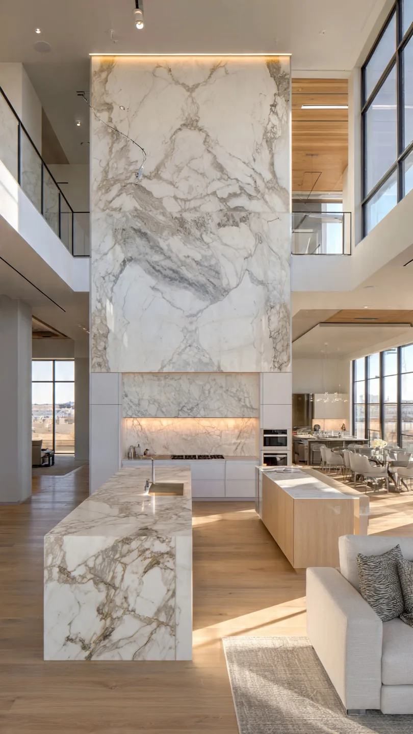Full-Height Calacatta Marble Backsplash Feature Wall Design