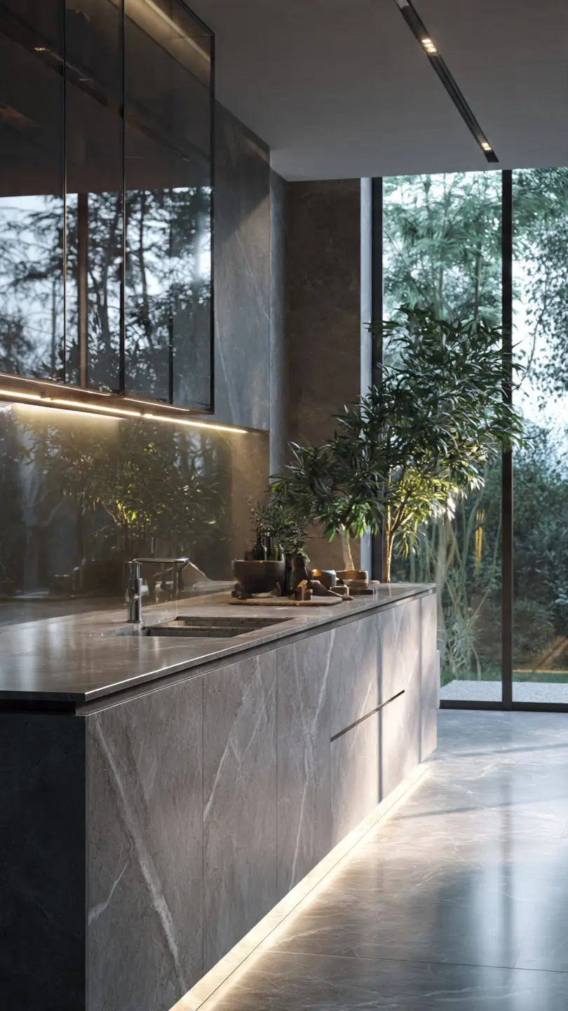 Gray Marble Countertop with Glass Sheet Backsplash Finish