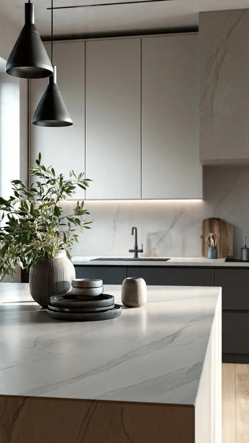 Gray Quartz Countertop with Matte Ceramic Backsplash