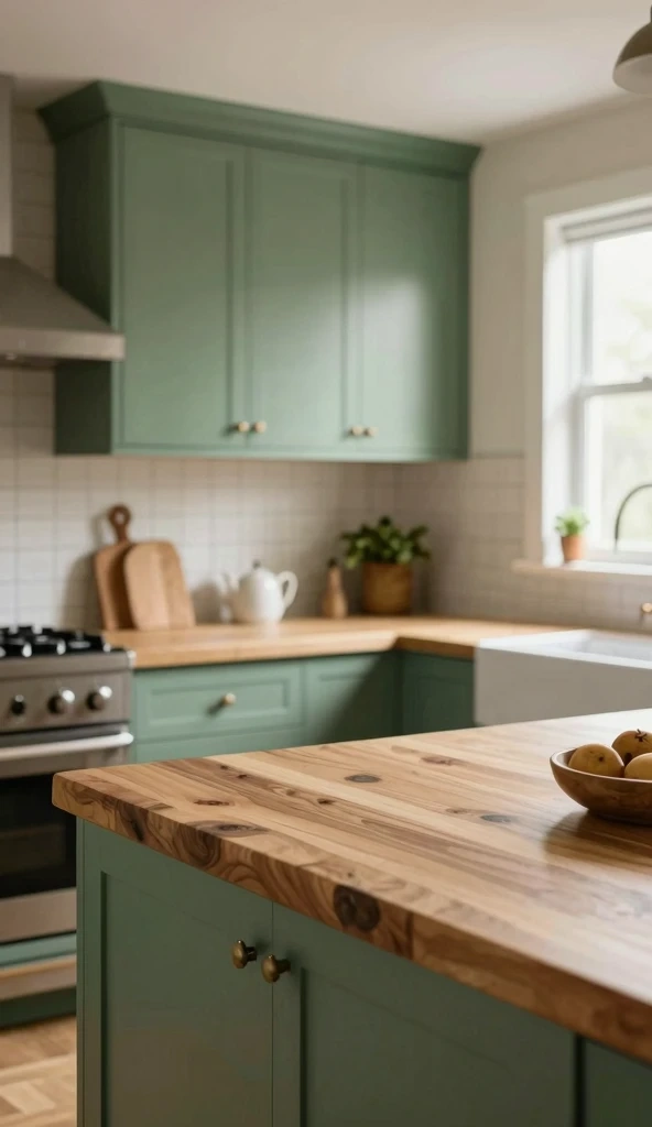 Green Cabinets with Butcher Block Countertops