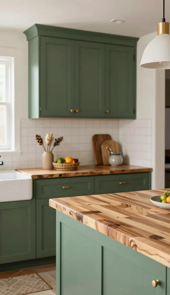 Green Cabinets with Butcher Block Countertops