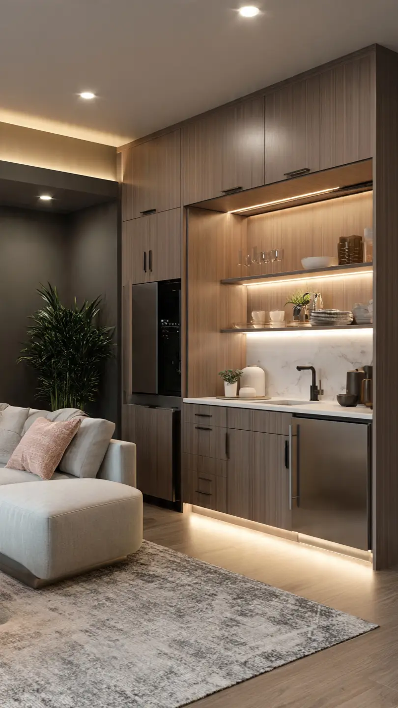Hidden Cabinet Basement Kitchenette No Sink Idea