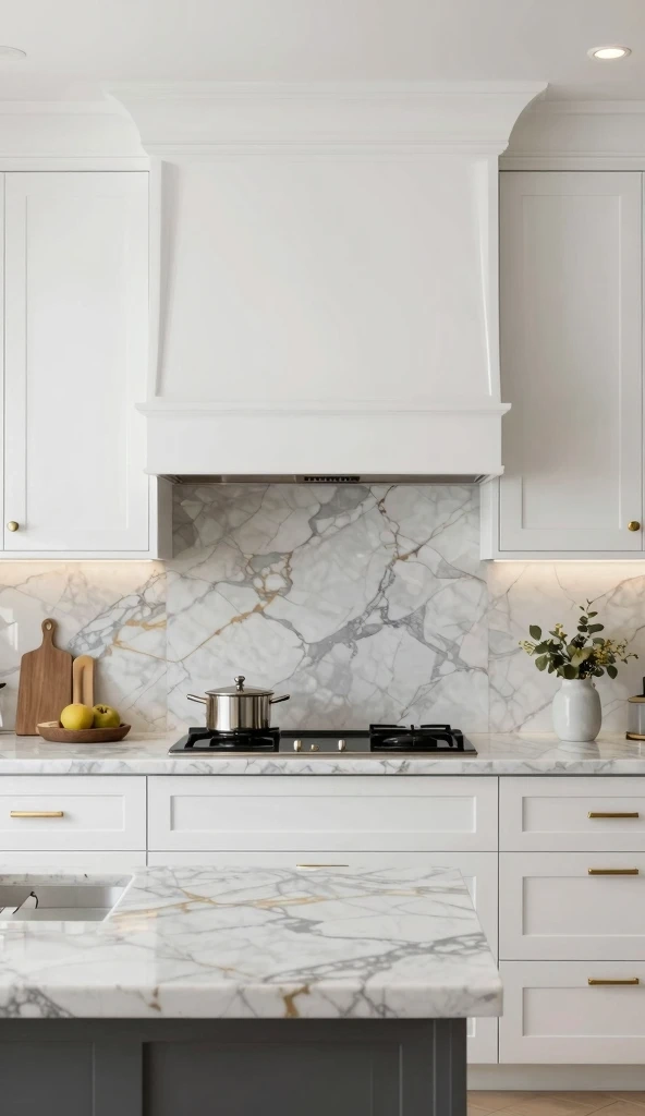 High End White Cabinets With Marble Surround Features