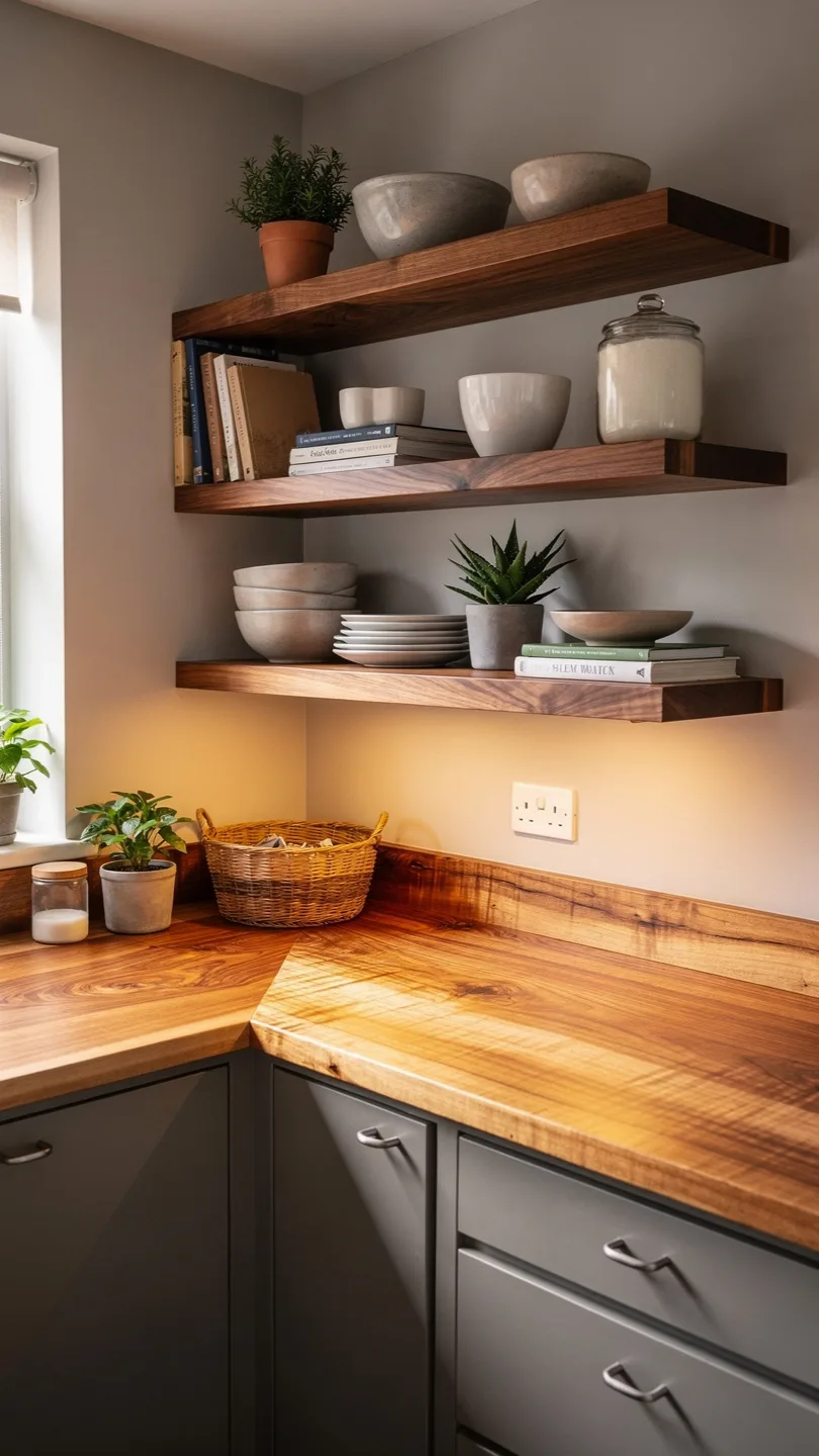 Highlight Open Shelving With a Matching Maple Slab Countertop