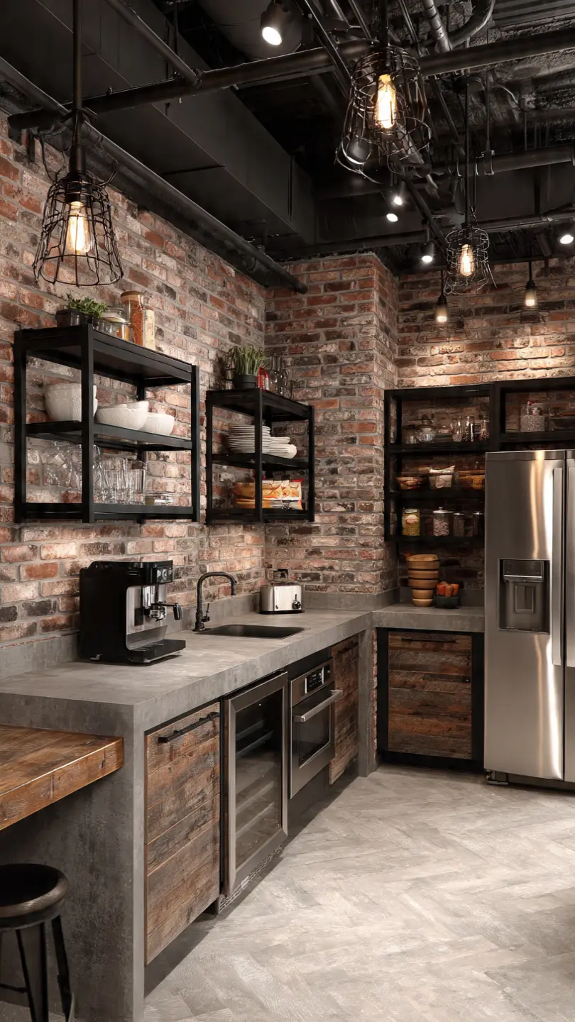 Industrial Style Basement Kitchenette No Sink Layout