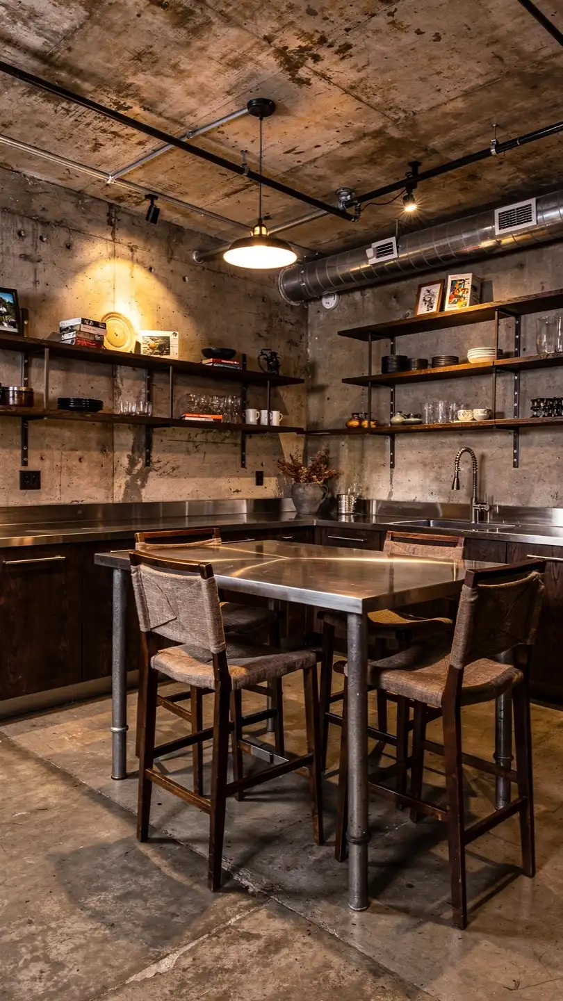 Industrial Style Basement Kitchenette With Metal Details