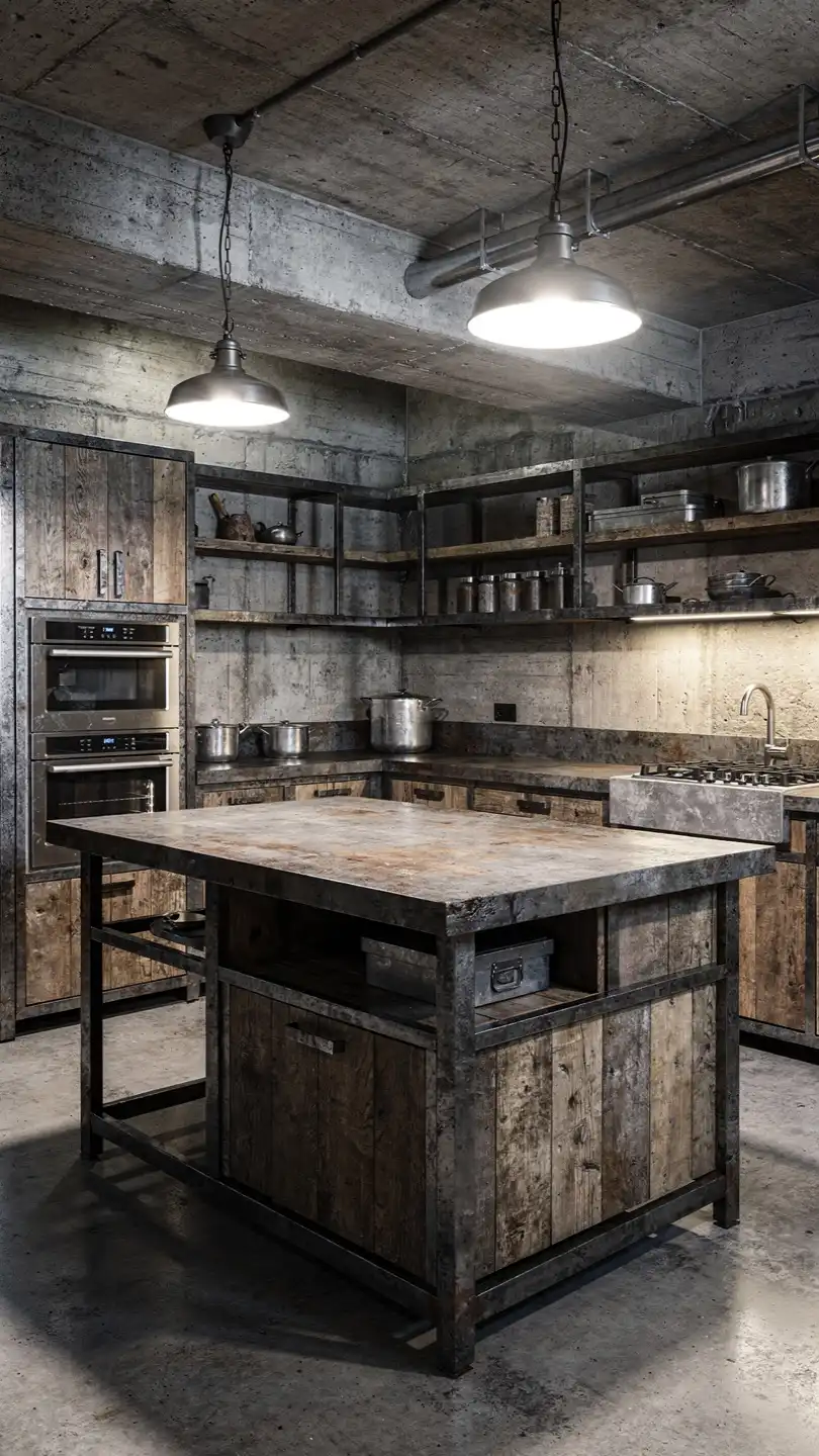Industrial Style Basement Kitchenette with Island Design