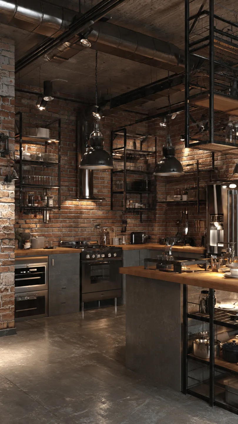 Industrial Style Basement Kitchenette with Stove and Metal Accents