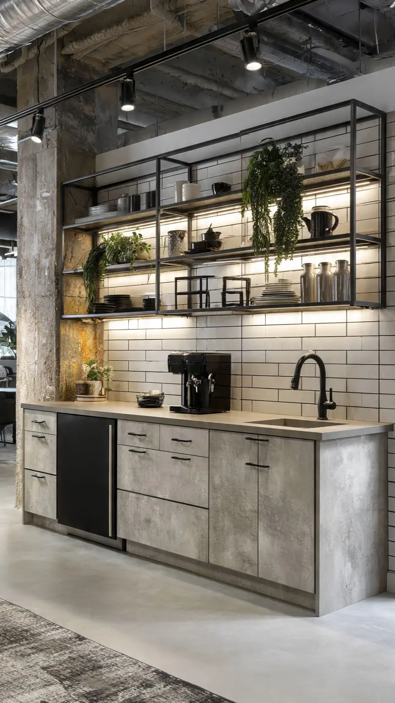 Industrial-inspired basement kitchenette design structure