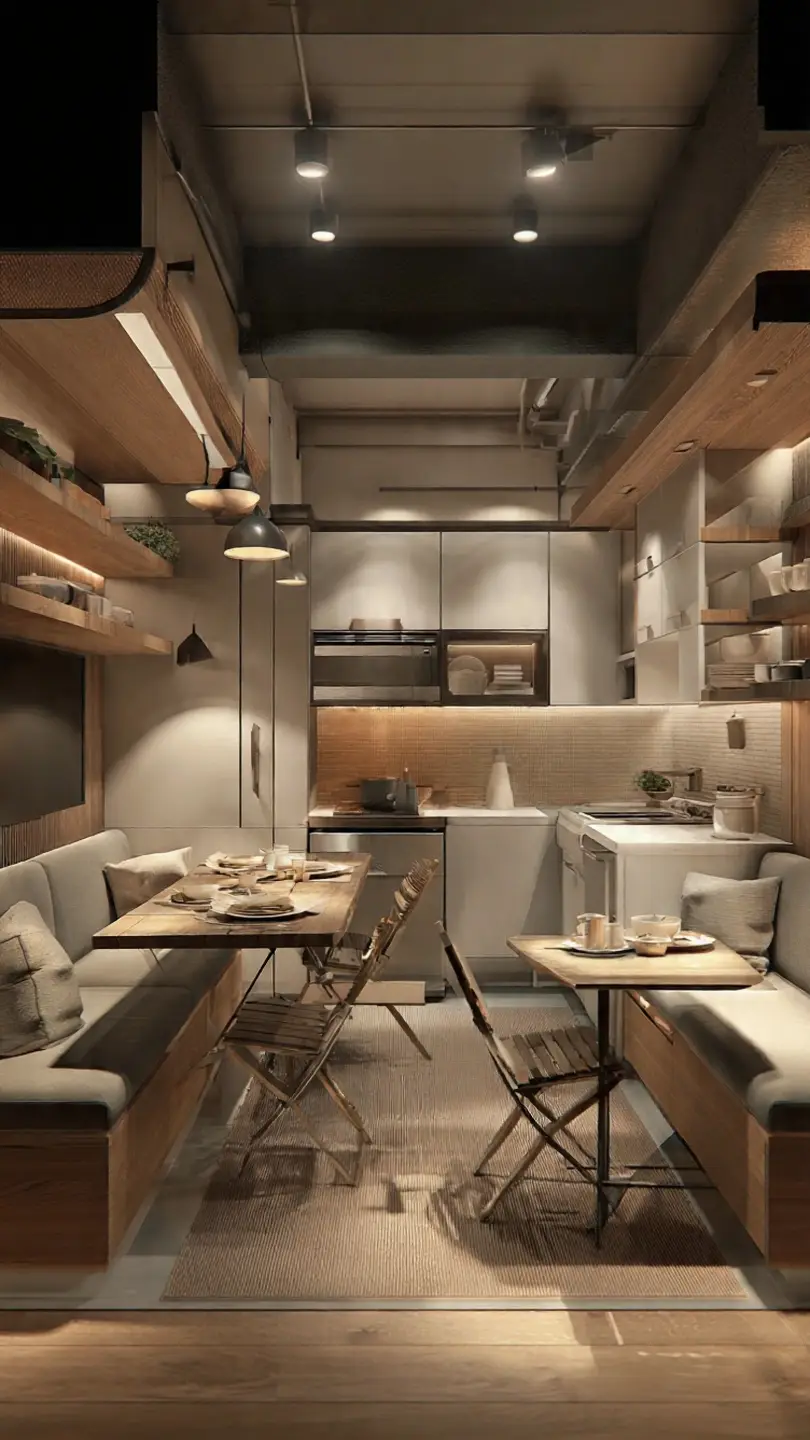 Integrated seating arrangements for multifunctional basement kitchens