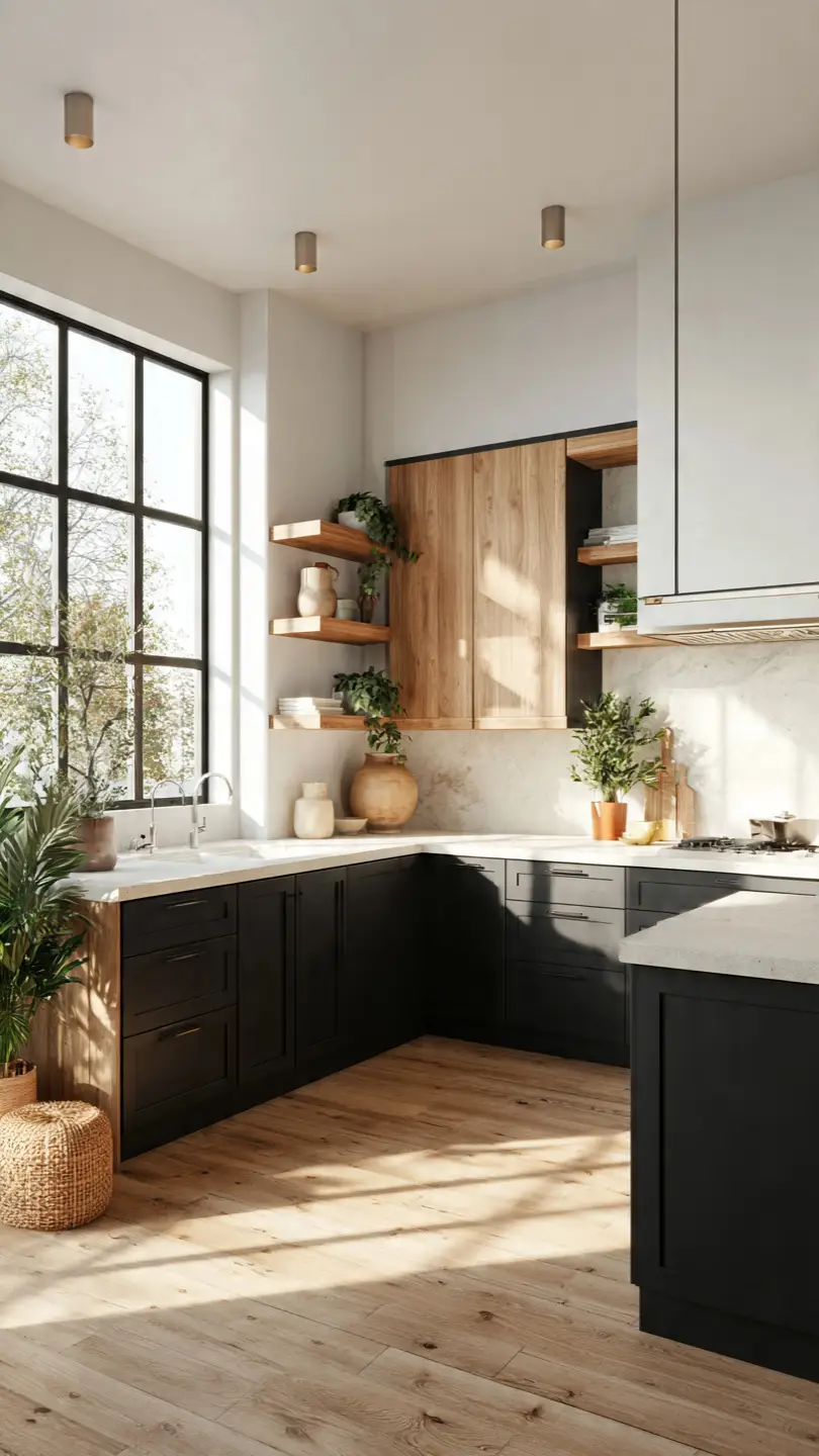 Introduce Black Accents Through Scandinavian Kitchen Cabinets for Bold Contrast
