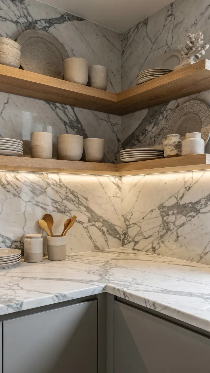 Introduce Open Shelving into a Calacatta Marble Kitchen Design