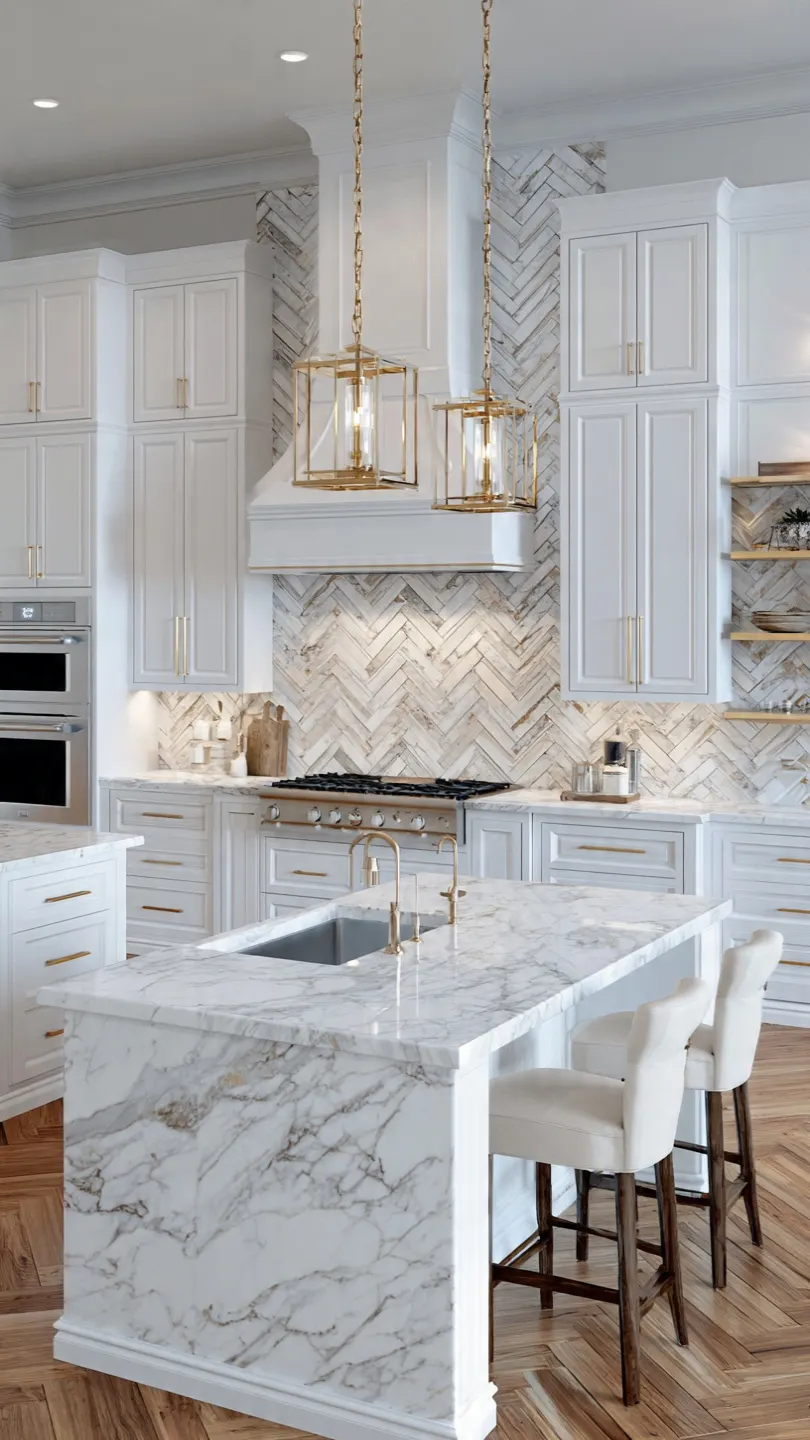 Marble Countertop with Herringbone Tile Backsplash Design