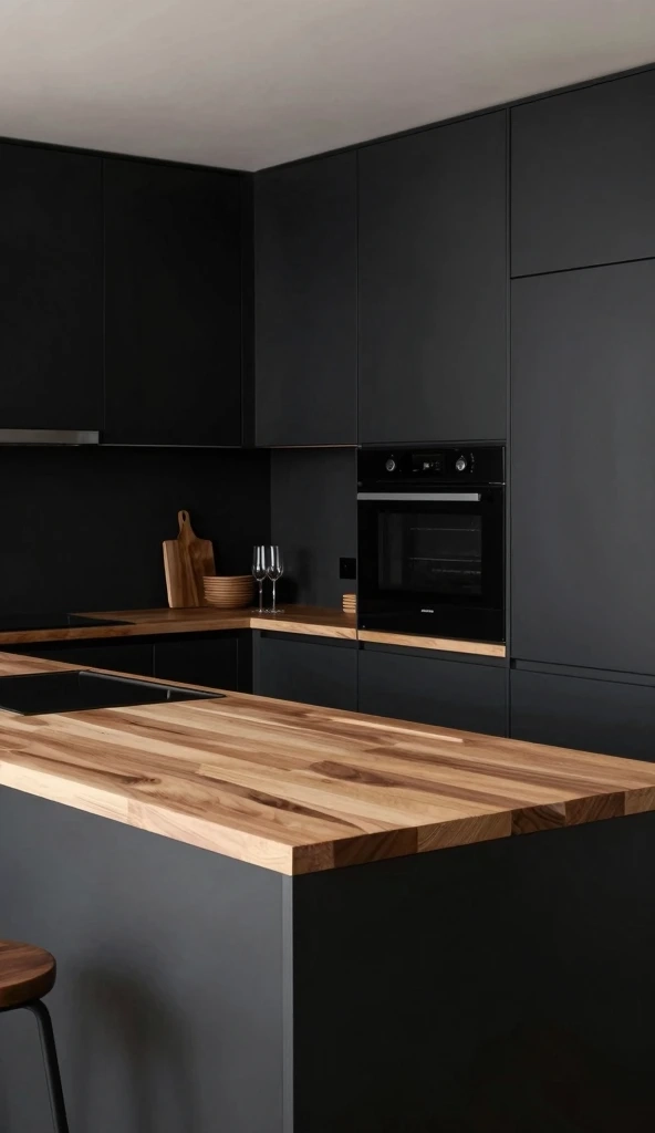 Matte Black Cabinets with Wooden Countertops