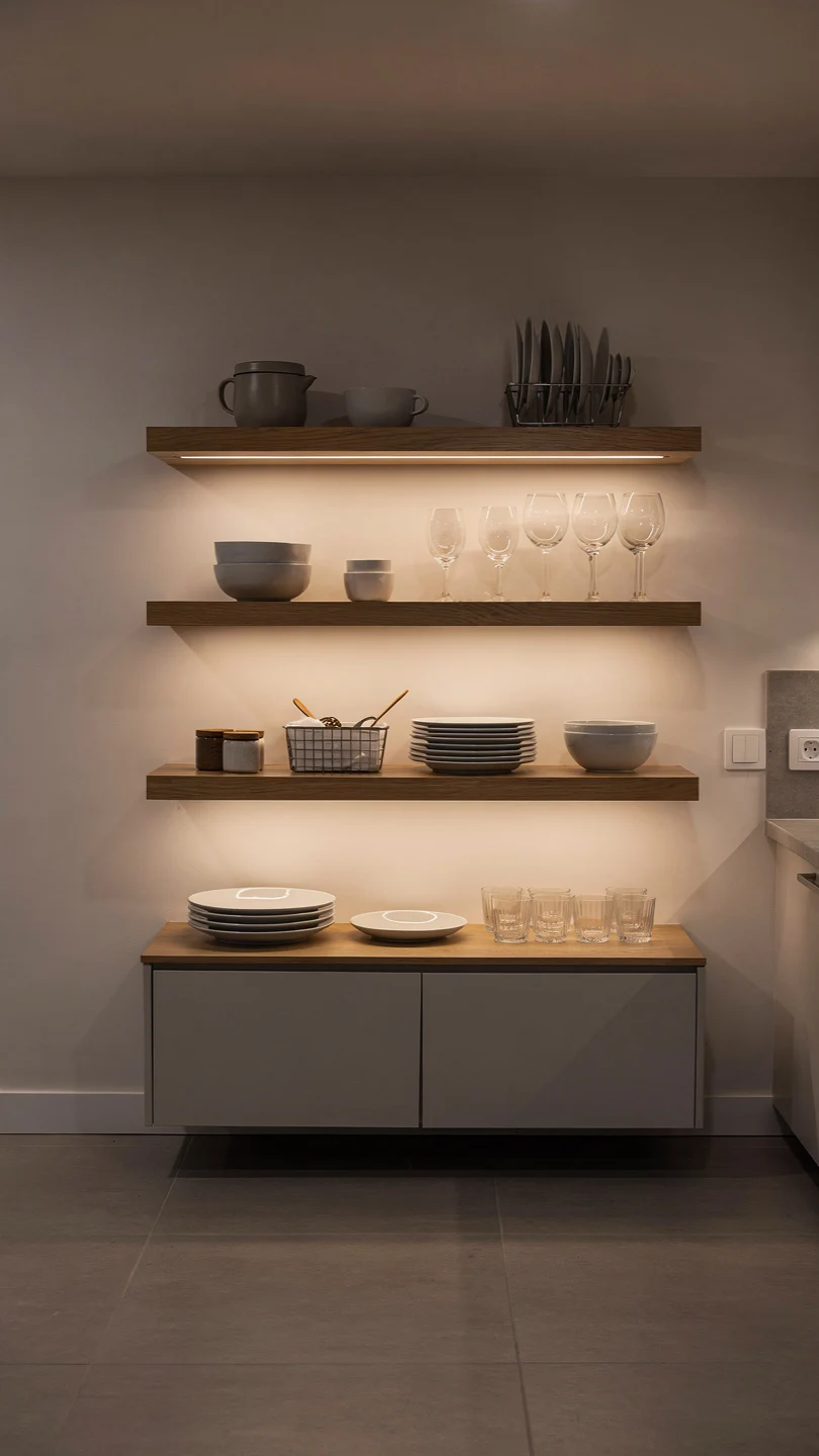 Minimalist Basement Kitchenette With Floating Shelves