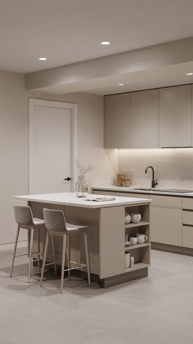 Minimalist Basement Kitchenette with Island for Clean Living
